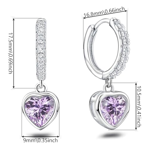 Heart Hoop Earrings with Dangle Sterling Silver Love Heart-Shaped Loop Earrings for Women Hypoallergenic Sparkle Birthstone Cubic Zirconia Hoop Earring with Dangling Charms Dainty Fashion Jewelry Gift - color: Purple