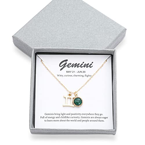 14k Gold Plated Zodiac Birthstone Crystal Pendant Necklace, Horoscope Sign Charm Necklace for Women Birthday Gift - color: Gemini-May