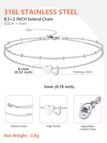 Ankle Bracelets for Women Waterproof 14K Gold/Silver/Black Initial Anklet for Women Dainty Layered Heart Ankle Bracelets Stainless Steel Adjustable Foot Chain Anklet Summer Beach Jewelry - color: J-Silver