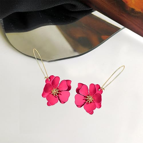 Bohemian Daisy Flower Matte Floral Long Petal Drop Dangle Earrings Layered Tiered for Women Chic Boho Wedding Jewelry - color: Light Red