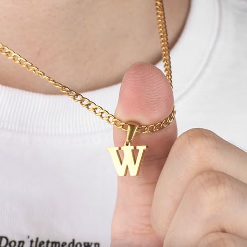Gold Plated Initial Necklace for Men Letter Pendant Cuban Link Chain | Stainless Steel 4mm 20 Inch Chain Non Tarnish 14K A-Z Capital Name Charm Custom Jewelry Gift - color: E