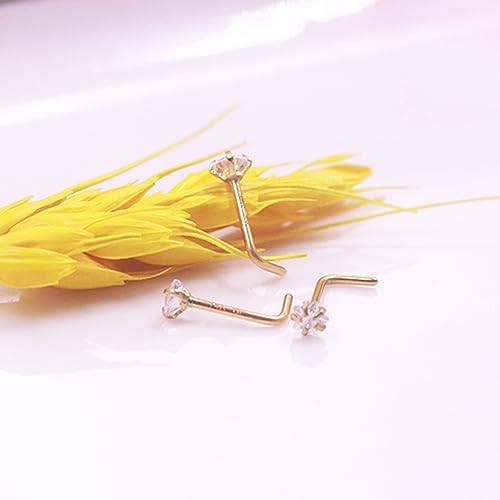 3 Pcs 14K Gold Filled Nose Studs 20G Stainless Steel Stud Nose Ring 2mm/2.5mm/3mm Round CZ L Bend Nose Stud Hypoallergenic Nose Piercing - color: gold mix L