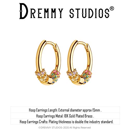 Dremmy Studios Dainty CZ Huggie Hoop Earrings 14K Gold Plated Chunky Simple Cute Thick Round Frill Bead Ball Starburst Cuff Earrings Cubic Zirconia Hoop Earrings Minimalist Personalized Gift for Her - color: Rainbow B