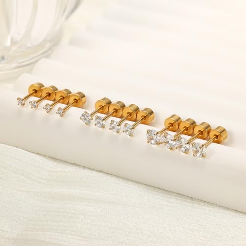 5-6 pairs Push-in Flat Back Stud Earrings Hypoallergenic Surgical Stainless Steel Cubic Zirconia Earrings Studs Set Multi-Pack, CZ Stud Earrings for Women Men Trendy Cartilage Stud Earrings 2-8mm - color: Gold-2/3/4mm(6pairs)