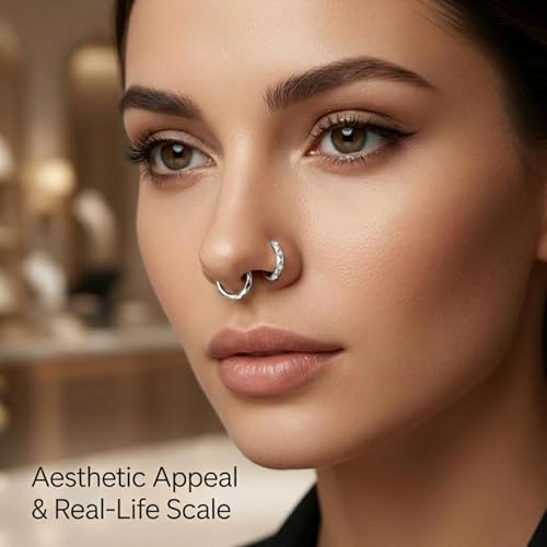 2PCS 16G Titanium Nose Rings for Women, Nostril and Septum | F136 Implant Grade Titanium, Hypoallergenic, 1.2 mm ×8 mm, Faceted and CZ Hinged Clicker Hoops for Nostril or Septum - color: Style B Silver-8mm