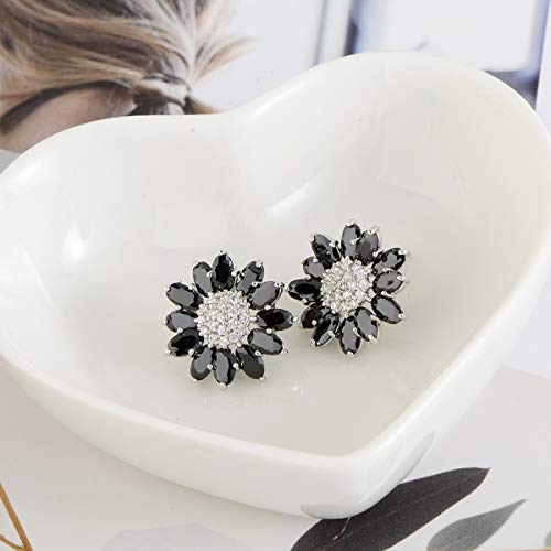 Crystal Flower Burst Stud Earirings - Big Sterling Silver CZ Cubic Zirconia Rhinestone Daisy Sunflower Floral Cluster Studs Bridal Wedding Party Prom Costume Jewelry for Bride Bridesmaids Women Birthstone Birthday Gift - color: Black