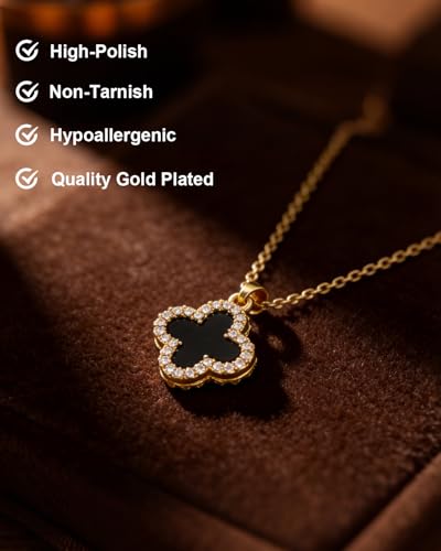 Four Leaf Clover Necklace 18K Gold Plated Necklaces for Women Lucky Flower Pendant Adjustable Link Chain Stainless Steel Dainty Trendy Simple Jewelry Gifts for Women - color: 1G-White+Black