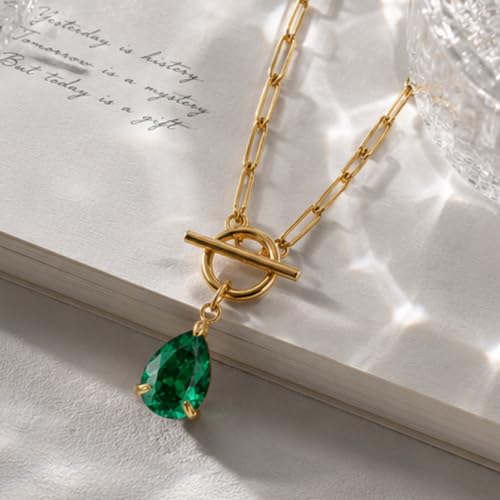 Teardrop CZ Pendant Paperclip Chain Necklace 18K Plated Paperclip Toggle Necklace Jewelry Birthstone Gift for Women - color: Emerald-May