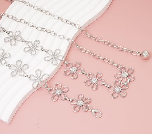Women's Waist Chain Flower Metal Belt for Dresses Jeans | Adjustable Belly Waist Chain - color: Hollow Flower Silver, size: S: 105cm/41in
