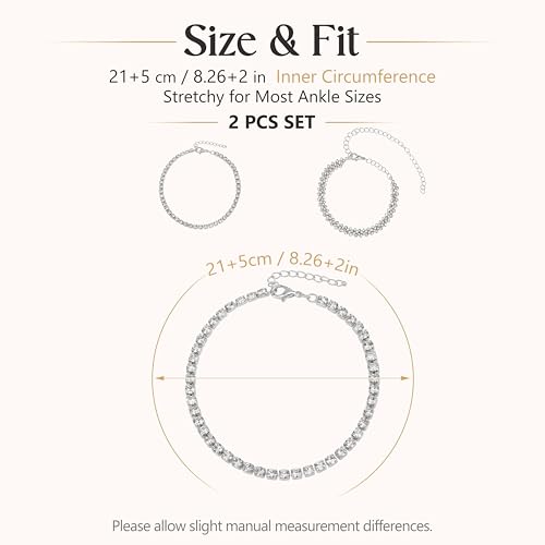 Fesciory Heart Rhinestone Ankle Bracelets for Women, Adjustable Silver Plated Shiny Tennis Anklets, Twinkle Cubic Zircon Imitation Diamond Anklet Foot Chain Jewelry Gifts - color: 2 Rhinestones