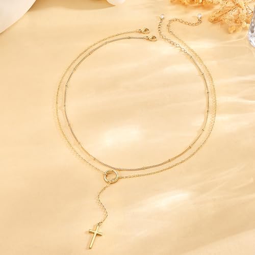 CHESKY Lariat Necklace for Women,14k Gold/Sliver Plated Layered Necklace | Gold/Sliver Long Necklace,Dainty Cross Pendant, Wedding Y-Shaped Drop Chain, Waterproof Jewelry Gift for Women Everyday Wear - style: Cross