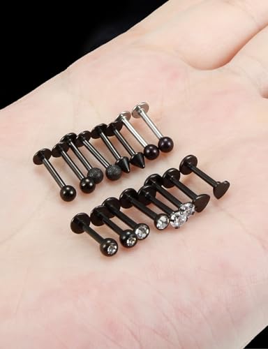 16G Flat Back Earrings Nose Studs 316L Surgical Steel Medusa Labret Monroe Lip Ring Tragus Forward Helix Conch Cartilage Lobe Earrings Stud Piercing Jewelry For Women Men 8MM Bar Length - color: Black