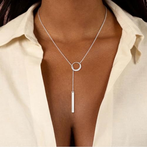 Lariat Gold Necklaces for Women Trendy Dainty Long Necklace 14k Gold Plated/Silver Layered Drop Beaded Chain Necklaces Y-shaped Pendant Necklace Simple Gold Jewelry Gifts - color: 18"+2" Bar Circle-Silver