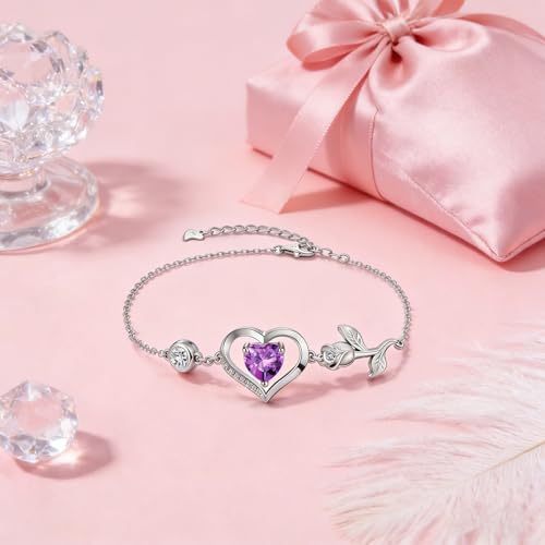 1CT Rose Heart Birthstone Bracelet for Women Love Gift - style: 02-Feb Dark Purple Silver