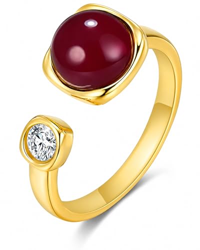 SNGIA 18K Gold Plated Adjustable Open Ring for Women Natural Stone CZ Statement Ring Tiger Eye Emerald Ruby Lapis Black Onyx Turquoise Evil Eye Boho Stackable Cocktail Ring Birthday Gift Jewelry - style: Ruby Red Stone CZ Open Ring
