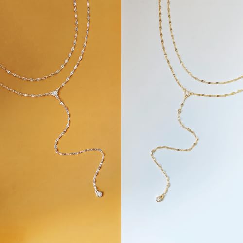 Airmb Lariat Silver/Gold Necklace for Women 925 Silver/14K Gold Plated Dainty Long Necklace Y-Shaped Drop Pendant Necklaces Choker Trendy Chain Simple Layered Necklaces CZ Jewelry for Women Set Gift
