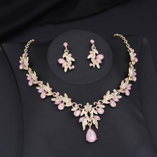 Princess Tiara Crown and Jewelry Sets for Women Wedding Rhinestone Crystal Tiaras and Crowns with Necklace Earrings Party Birthday Accessories - color: Opal Pink