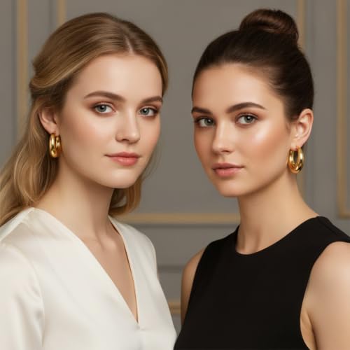316L Chunky Stainless Steel Hoop Earrings, Fashionable Lightweight Hollow Open Hoops, Hypoallergenic Whtie Gold Plated Pipe Earrings for Women - style: 40mm, Yellow Gold