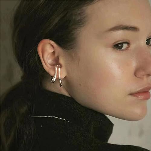 Minimalist Double Line Teardrop Cuff Wrap Clip on Earrings for Women Non Pierced Ear Unique Design 14K Gold Plated Silver Fake Hoop Hypoallergenic Fashion Trendy Jewelry - color: silver
