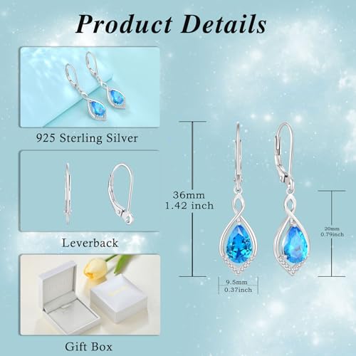 Infinity Teardrop Earrings 925 Sterling Silver Dangle Drop Leverback Earrings Birthstone Jewelry for Women - color: Sea Blue