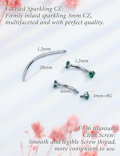 Eyebrow Piercing Jewelry F136 Titanium Internally & externally Threaded Curved Barbell Vertical Labret Lip Jewelry Ear Rook Navel Belly Button Ring Women Men 20g 18g 16g 6mm/8mm/10mm/12mm - color: 6mm F136 titanium Eyebrow Rings 16G Green