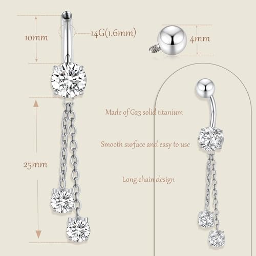 AROWRO Dangle Belly Button Rings Titanium Gold Sliver Belly Button Ring Hypoallergenic 14G Dangle Navel Piercing Jewelry 10mm Barbell for Women - color: Sliver