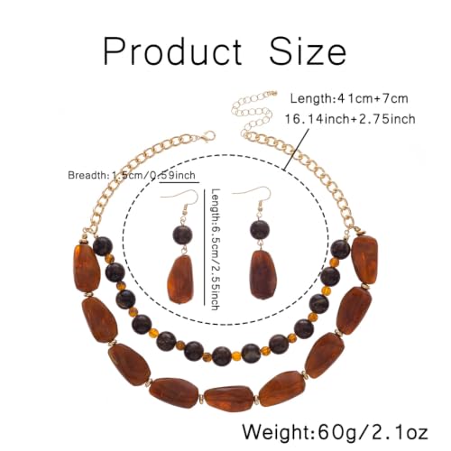 Layered Beaded Necklace and Earring Set Acrylic Beads Necklace Set Bohemian Chunky Jewelry Set for Women Beach - color: Brown