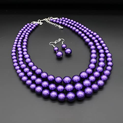 Chunky Layered Imitation Pearl Necklace for Women 3 strand Pearl Necklaces Faux Pearl Necklace Earrings Set 1920s Flapper Gatsby Costume Accessories - color: 3 strand pearl necklace Purple