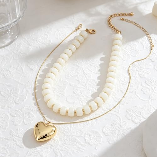 YUJIE Chunky Heart Pendant Necklace for Women- Exaggerated Statement Puff Heart Necklace with Acrylic Beaded Chain - color: B-WHITE