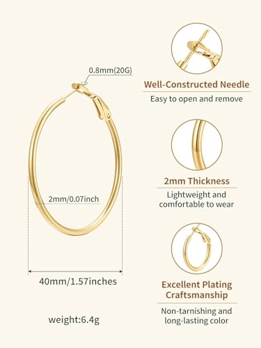 FindChic Thin Hoop Earrings for Women,Silver/Black/Gold Plated 20-100mm - color: Gold, size: 40mm