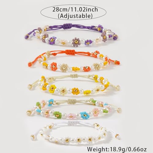 Daisy Pearl Flower Beaded Bracelets for Women, Colorful Floral Adjustable Rope Gold Seed Beads Stackable Boho Pearl Braided Flower Bracelet Stack Summer Jewelry Trendy Cute Friendship Gifts