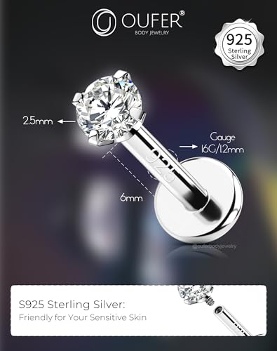 OUFER 925 Sterling Silver Flat Back Earrings, Clear CZ 16G Helix Piercing Jewelry, Silver Internally Threaded Cartilage Earrings Stud, Silver Lip Labret Rings for Women - color: Silver-2.5mm