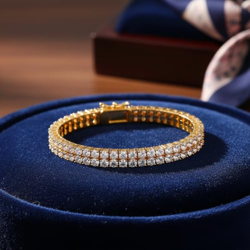 2 Rows Tennis Bracelets for Women Men - 18K Yellow Gold Plated 3mm Round Cut Cubic Zirconia Classic Tennis Bracelet, Size 6.5-8.5 Inch - color: Gold - 2 Rows, size: 6.5 inch