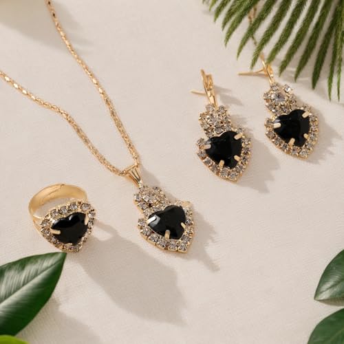 Jewelry Set for Women Love Heart Alloy Artificial Crystal Earrings Pendant Necklace Ring Wedding Party Prom Anniversary Birthday Engagement for Bridal Bridesmaid Girlfriend - color: black Heart