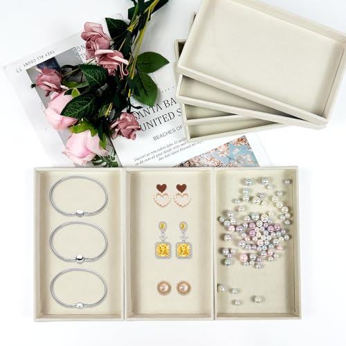 12 Pack Velvet Jewelry Trays, 8.3x5x1 Inches Premium Stackable Jewelry Drawers Organizer Inserts for Women Girls, Beige Jewelry Storage Display Trays for Necklace Earring Ring Bracelet (1 grid)