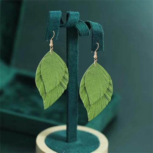 Handmade Bohemian Large Soft Genuine Leather Fringe Double Feather Dangle Drop Earrings Lightweight Simple Color PU Leaf Hook Earrings for Women - color: Green