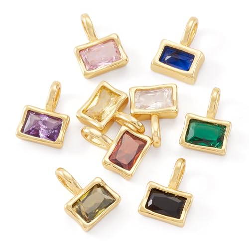 Beadthoven 9Pcs Gold Plated Cubic Zirconia Charms Rectangle Crystal Rhinestone Charms Dangle Bead Long-Lasting Brass Birthstone Pendants for Jewelry Making Necklace Earrings Bracelet DIY Craft - color: Rectangle Mix