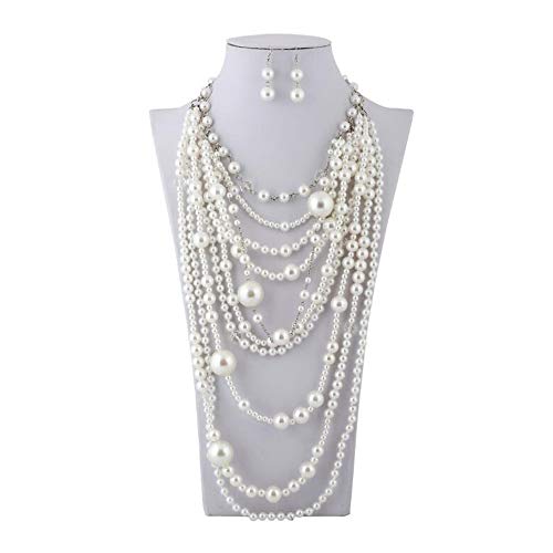 Multilayer Strand Chain Faux Pearls Flapper Beads Cluster Long Choker Necklace - color: Silver White Necklace+Pierced Earrings