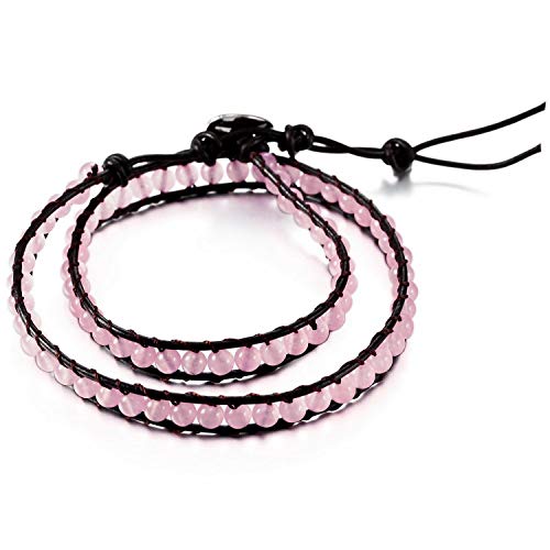 Boho Bracelets Adjustable Rope Buckle Handmade Leather-Wrapped Bracelet Jewelry Bohemian Style Bracelets Natural Stone Wrap Bracelets Variety Beads Strand Bracelet - color: Pink