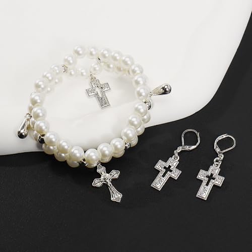 Bocar Gothic Cross Layered Pearl Necklace Chunky Statement Stacked Necklace Y2K Silver Layered Necklace for Women (NK-10769) - color: set