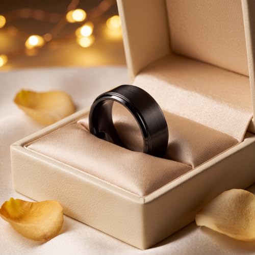 Tungsten Wedding Band Ring Black 10mm Men Women Comfort Fit 18k Rose Gold Step Edge Brushed Polished - color: Black Tungsten