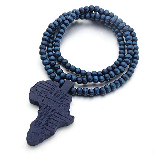 COLORFUL BLING Multicolor 8MM Wooden Bead Chain African Hip-hop Africa Map Pendant Necklace for Men Boys Natural Wood Jewelry - color: blue
