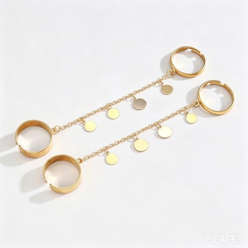 Chain Ring for Women Chunky Dangle Ring Two Finger Rings Crystal Statement Open Adjustable Finger Chain Rings Fashion Jewelry Accessories - color: gold