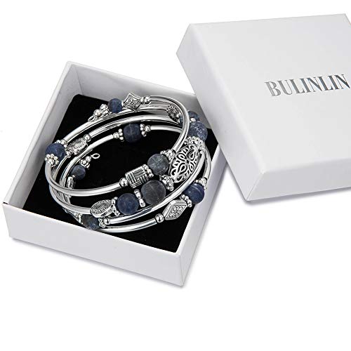 BULINLIN Layered Wrap Bangle Turquoise Bracelet - Bead Bracelet with Natural Agate Stone, Gifts For Women - color: 04-Navy blue