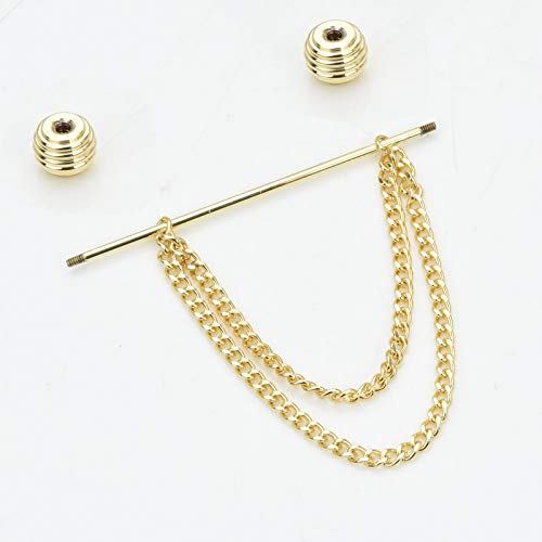 Men's Gold Plated Brass Collar Bar with Double Hanging Chain Tassel Shirt Tie Bar Collar Brooch - color: Gold Threaded Elliptical Ball Head