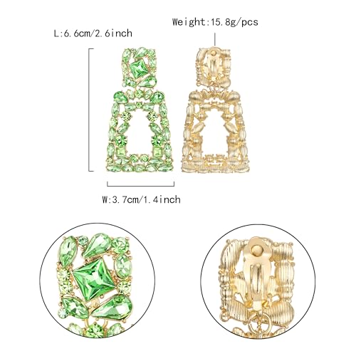 Flyonce Rectangle Clip-on Drop Earrings for Women, Sparkly Rhinestone Crystal Geometric Statement Non Pierced Earring Wedding Prom Party Jewelry for Brides Bridesmaid - color: Light Green