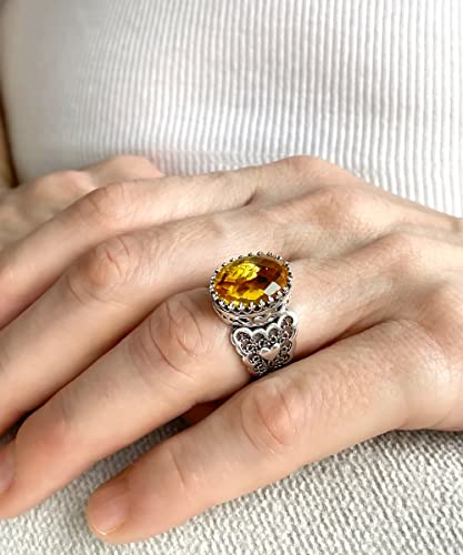 Filigranist 925 Sterling Silver Handcrafted Filigre Art Double Heart Detailed Women Cocktail Ring with Gemstones - color: Citrine