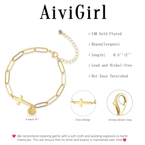 Gold Bracelets for Women,14K Gold-Plated Dainty A-Z Letter Cross Initial Bracelet for Women, Hypoallergenic Paperclip Chain Bracelets Fashion Accessories Religious Christian Gift - color: G