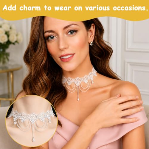 White Lace Choker Necklace for Women Tassel Pearl Choker Necklaces Boho Collar Statement Artistic Chain with Pearl Cosplay Costume Party Jewelry