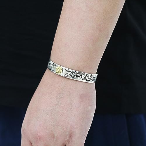 Innocence S925 Silver-Plated Antique Wide Feather Cuff Bracelet For Men Women Adjustable Retro Twisted Feathers Bracelets Gift Jewelry - color: Flower
